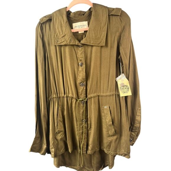 Obey olive green button front lightweight coat pockets cinch tie waist small NWT - Picture 1 of 9